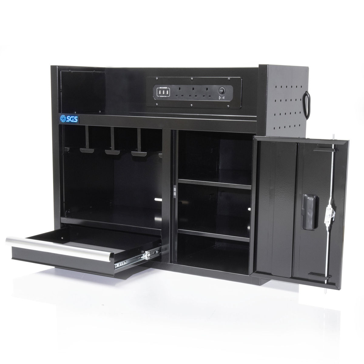 SGS 30in Wall Mounted Power Tool Storage Rack and Charging Station | 4 Slots | Drawer | Cabinet